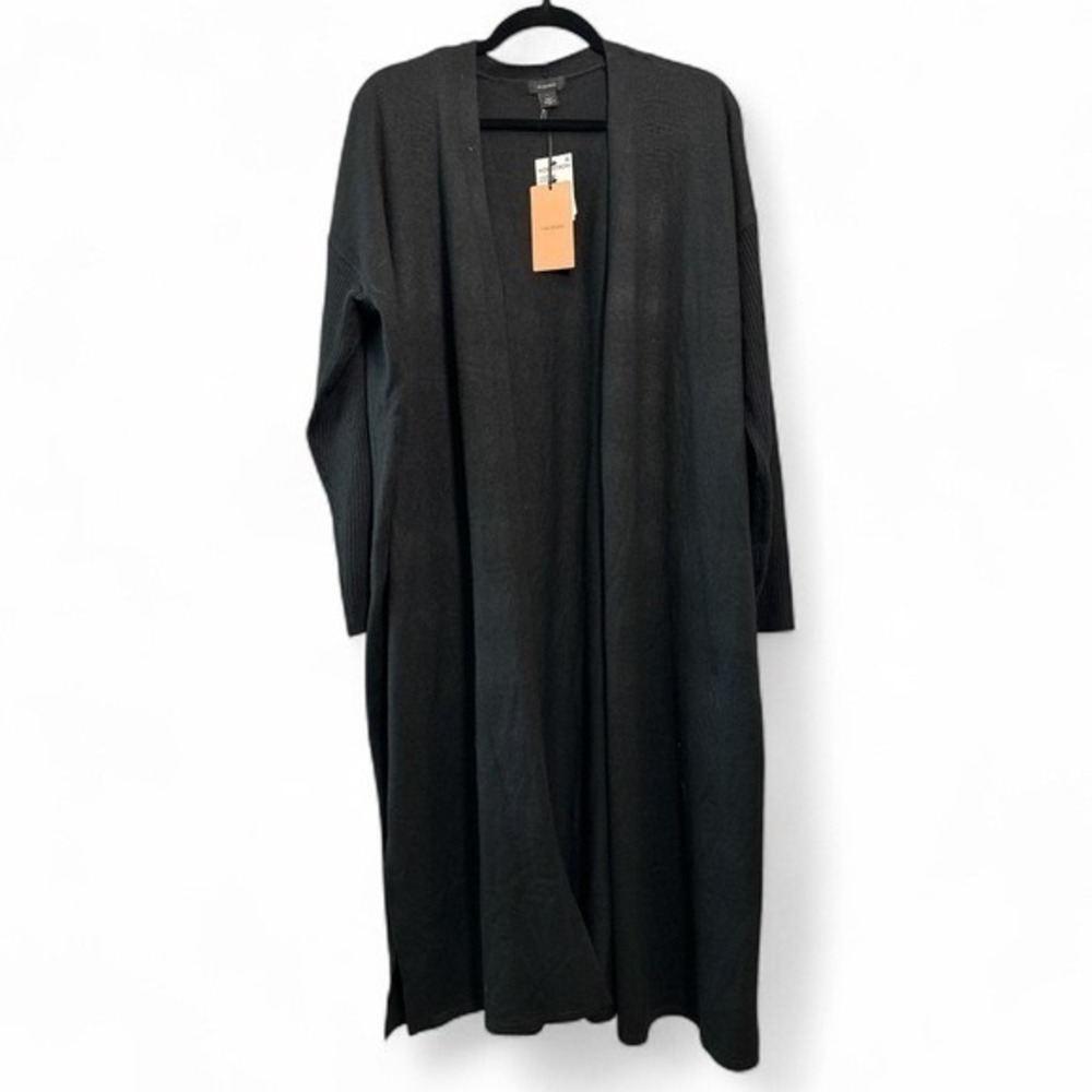 Nordstrom Halogen Black Long Open Front Cardigan Sweater Ribbed Knit Size L